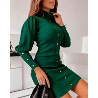 Button Decor Puff Sleeve Work Dress - green