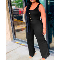 Button Decor Sleeveless U-Neck Belted Jumpsuit - black