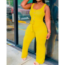 Button Decor Sleeveless U-Neck Belted Jumpsuit - yellow