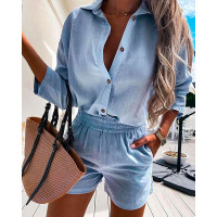 Button Design Casual Shirt & Shirred Shorts Set - sky blue