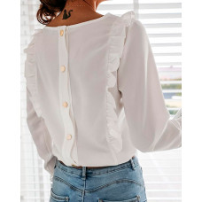 Button Design Frill Hem Long Sleeve Blouse - white