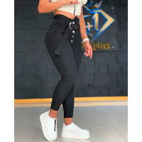 Button Design High Waist Pants - black
