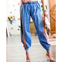 Button Design High Waist Slit Leg Jeans - blue