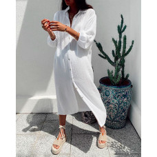 Button Design Lantern Sleeve Shirt Dress - white