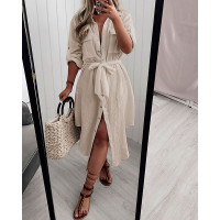 Button Design Short Sleeve Shirt Dress - Apricot