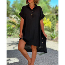 Button Detail High Low Hem Casual Dress - black