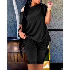 Button Detail Oblique Shoulder Top & Shorts Set - black