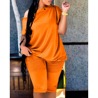 Button Detail Oblique Shoulder Top & Shorts Set - orange