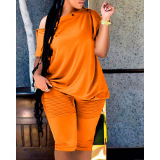 Button Detail Oblique Shoulder Top & Shorts Set - orange