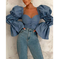 Button Detail Ruched Puff Bell Sleeve Top - blue