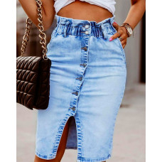 Button Fly High Waist Denim Skirt - blue