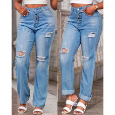 Button Fly Ripped Low Waist Jeans - blue