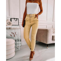 Button Fly Skinny Pants With Belt - Apricot