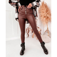 Button Fly Skinny PU Leather Chocolate Pants - Chocolate