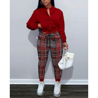 Button Front Bomber Jacket & Plaid Pants Set - red