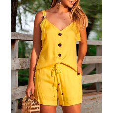 Button Front Cami Top & Shorts Set - yellow