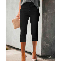 Button Front High Waist Capris Pants - black