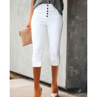 Button Front High Waist Capris Pants - white