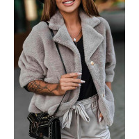 Button Front Long Sleeve Fuzzy Coat - gray