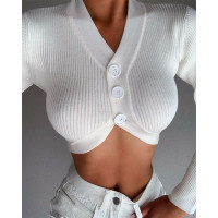 Button Front Long Sleeve Knit Crop Top - white