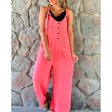 Button Front Patch Pocket Suspender Jumpsuit - pink