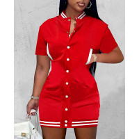 Button Front Pocket Decor Contrast Paneled Dress - red