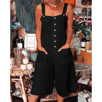 Button Front Pocket Design Suspender Romper - black