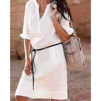 Button Front Pocket Detail Shirt Dress - white