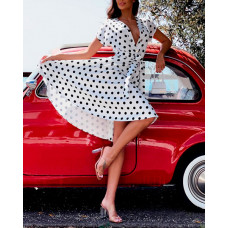 Button Front Polka Dot Print Dress - white