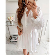 Button Front Ruffles Lantern Sleeve Casual Dress - white