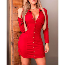 Button Front Side Slit Shirt Dress - red