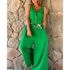 Button Front Wide Leg Sleeveless Jumpsuit - green