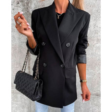 Button Pocket Decor Long Sleeve Blazer Coat - black