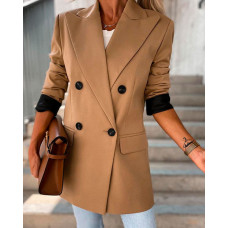 Button Pocket Decor Long Sleeve Blazer Coat - Dark Brown