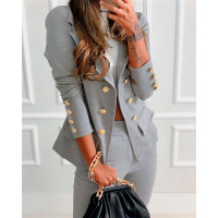 Button Pocket Decor Long Sleeve Blazer Coat - gray