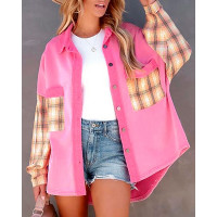 Button Pocket Decor Plaid Print Top - pink