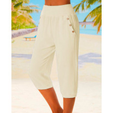 Button Pocket Design Capris Casual Pants - Apricot