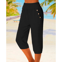 Button Pocket Design Capris Casual Pants - black