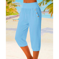 Button Pocket Design Capris Casual Pants - blue