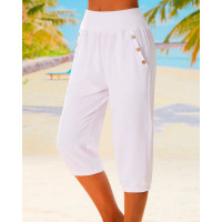 Button Pocket Design Capris Casual Pants - white