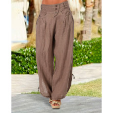 Button Pocket Design Drawstring Wide Leg Pants - brown