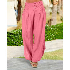 Button Pocket Design Drawstring Wide Leg Pants - pink