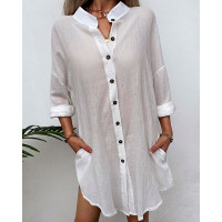 Button Pocket Design Long Sleeve Top - white