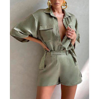 Button Pocket Design Shirt & Shorts Set - green