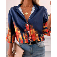 Button Up Landscape Print Casual Shirt - dark blue