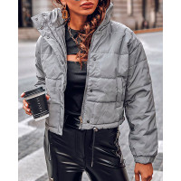 Button Zipper Design Long Sleeve Gilet Puffer Jacket - gray