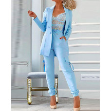 Buttoned Blazer Coat & Pocket Design Pants Set - blue