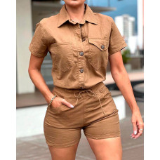 Buttoned Cargo T-shirt & Drawstring Shorts Set - khaki