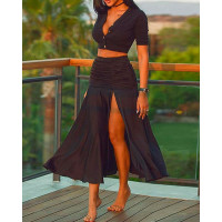 Buttoned Crop Top & High Slit Ruched Skirt Set - black