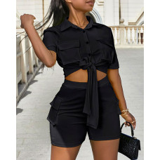 Buttoned Crop Top & High Waist Shorts Set - black